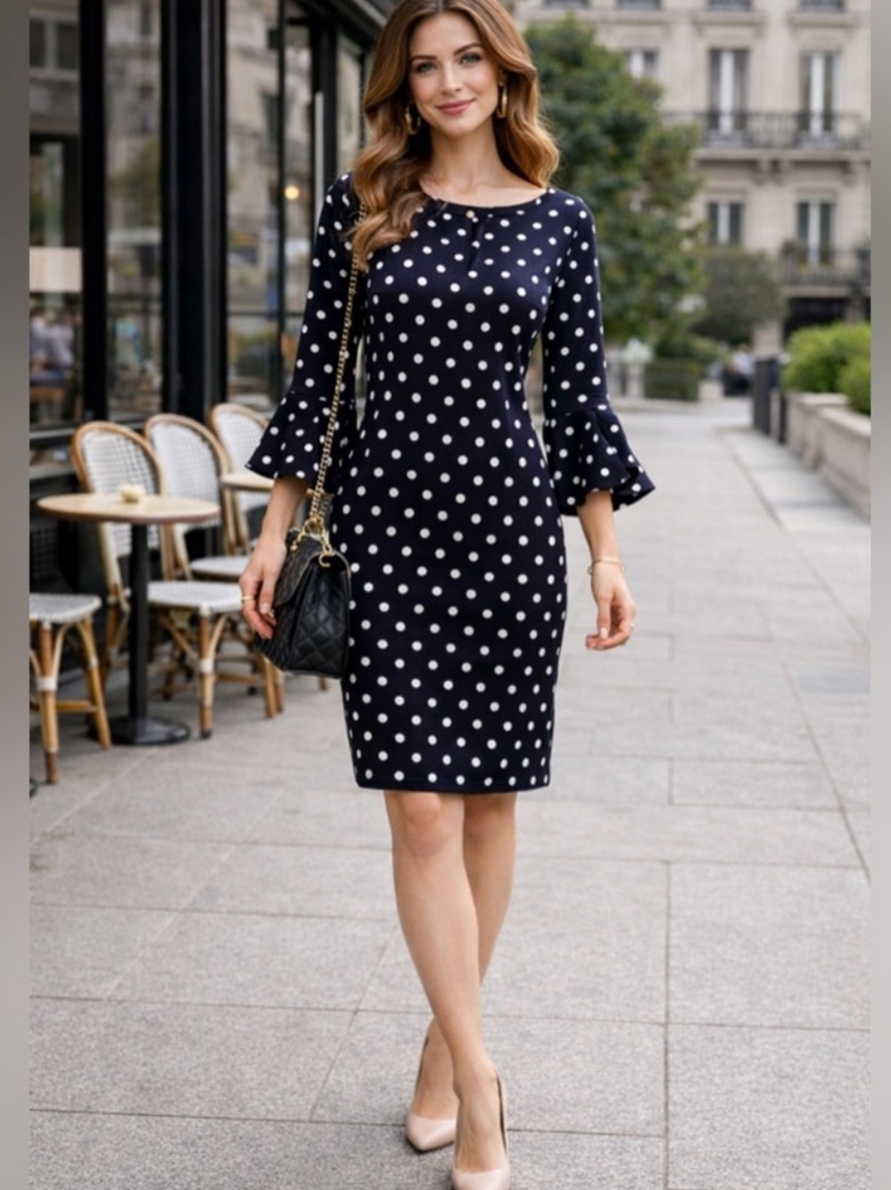 Karl Lagerfeld Paris Navy and White Polka Dot Sheath Dress Size 6